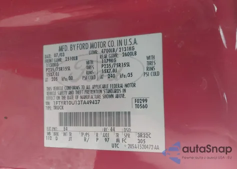 2003 Ford Ranger Edge/Xl/Xlt z USA, uszkodzony, nr VIN 1FTYR10U13TA49437